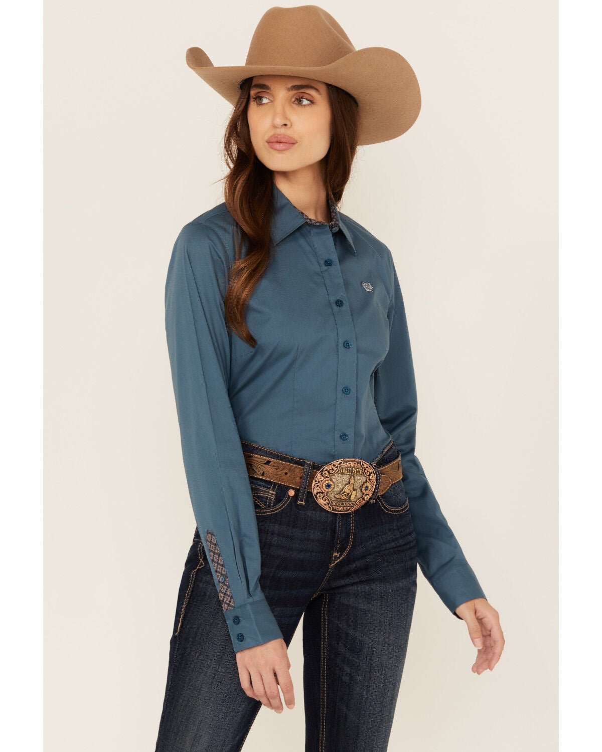 Cinch Women's Solid Long Sleeve Button-Down Stretch Western Shirt, Teal, hi-res