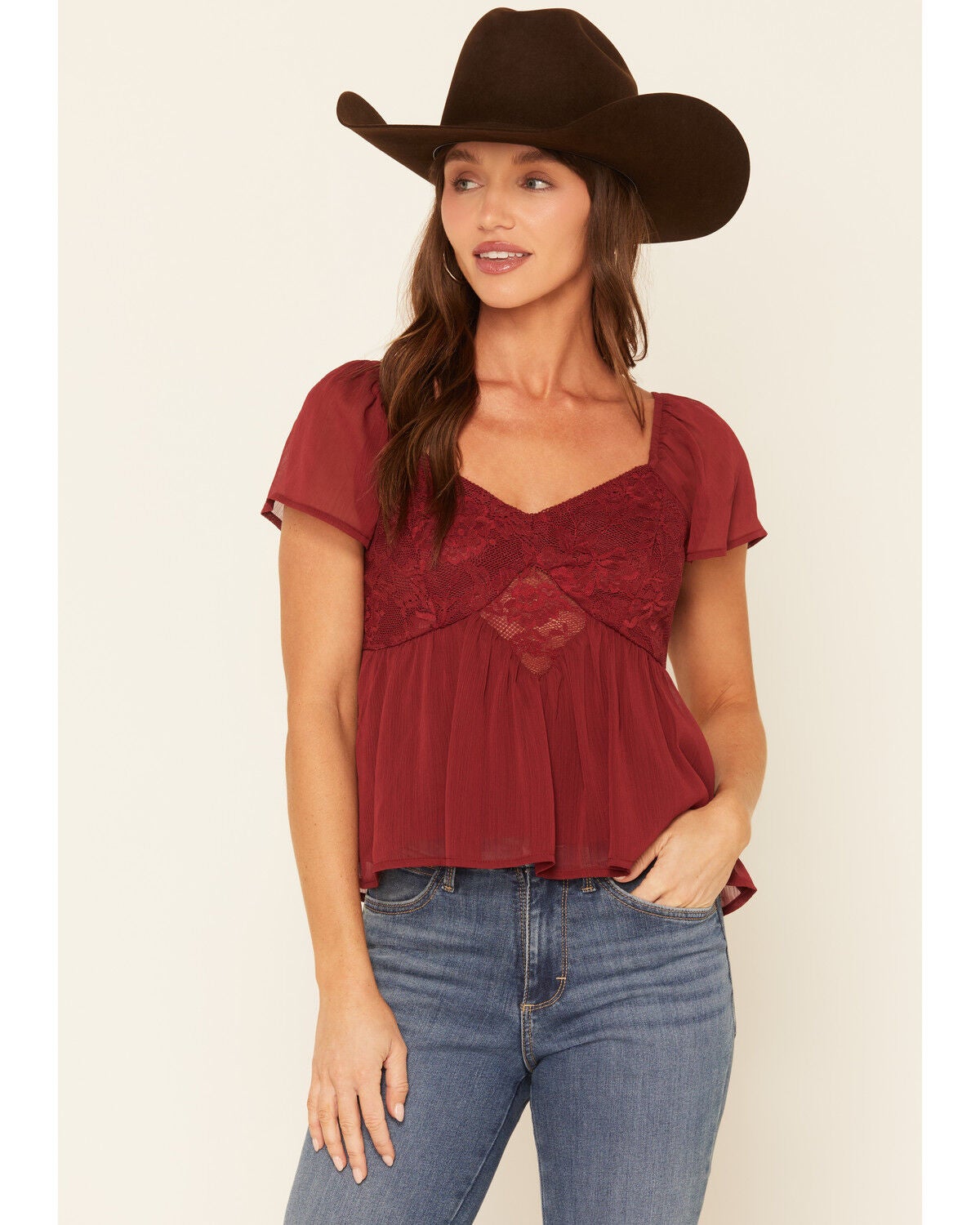 Wild Moss Women's Short Sleeve Lace Inset Top, Wine, hi-res
