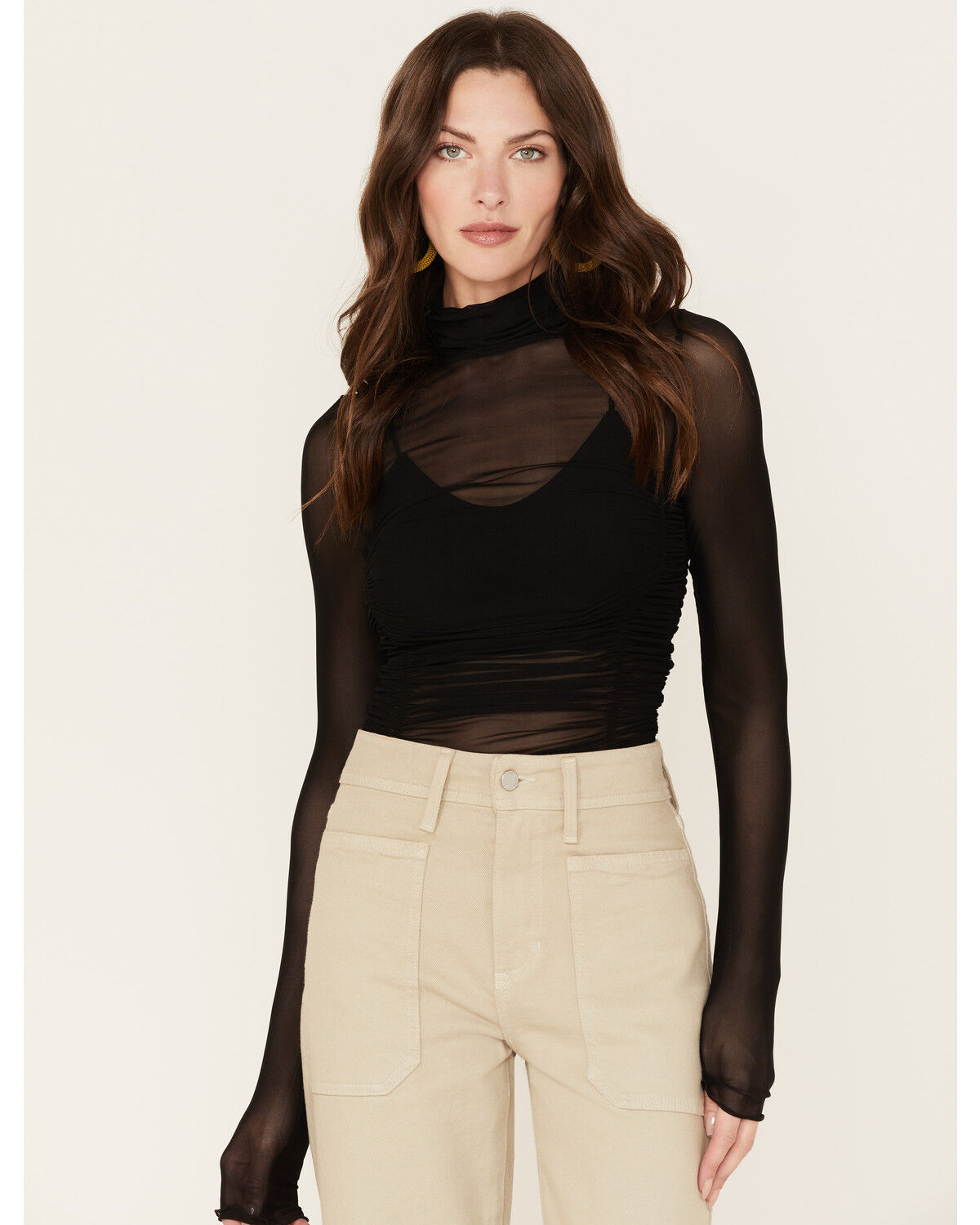 Image #1 - Free People Women's Under It All Ruched Mesh Bodysuit, Black, hi-res