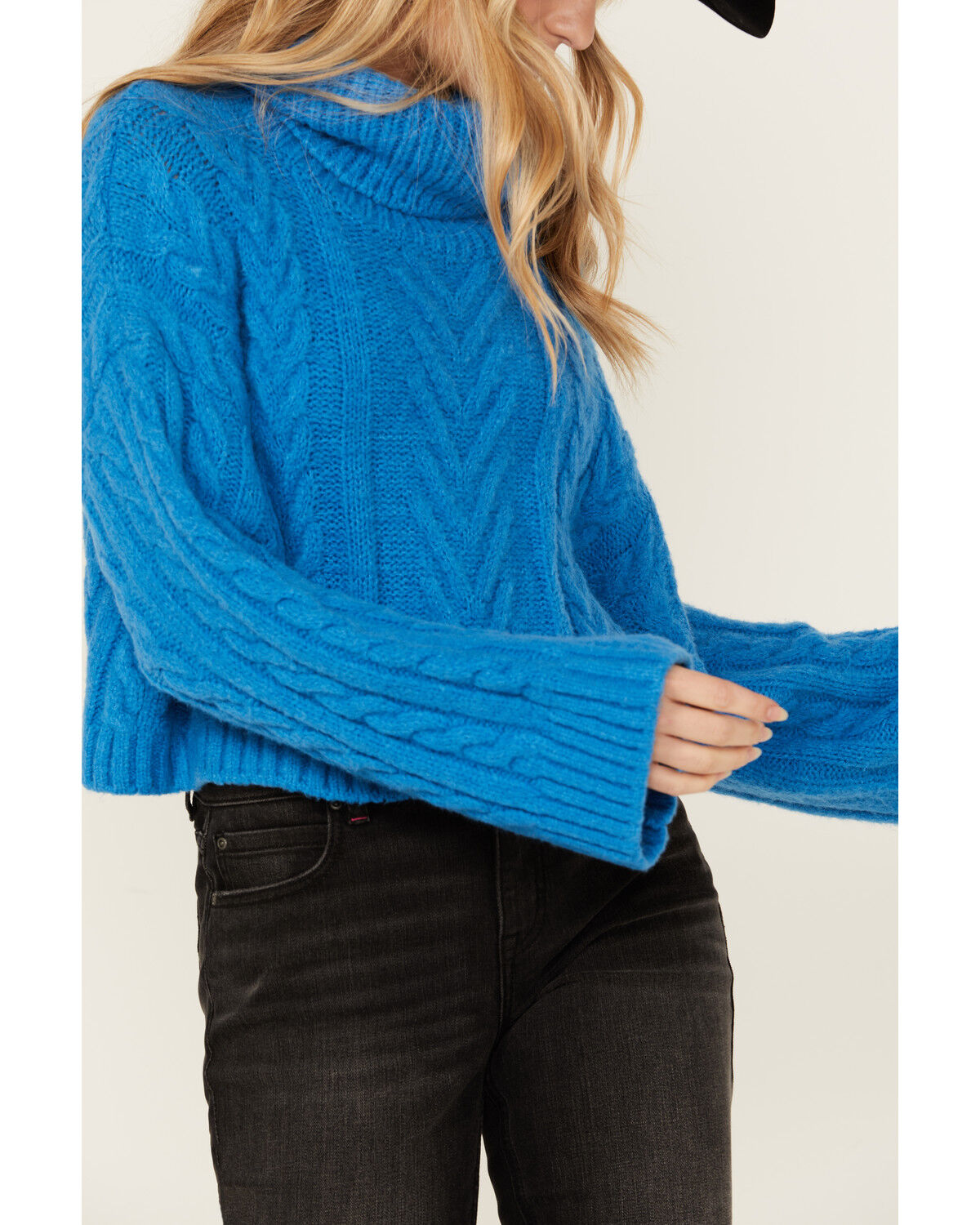 Image #3 - Revel Women's Turtleneck Cable Knit Cropped Sweater, Blue, hi-res