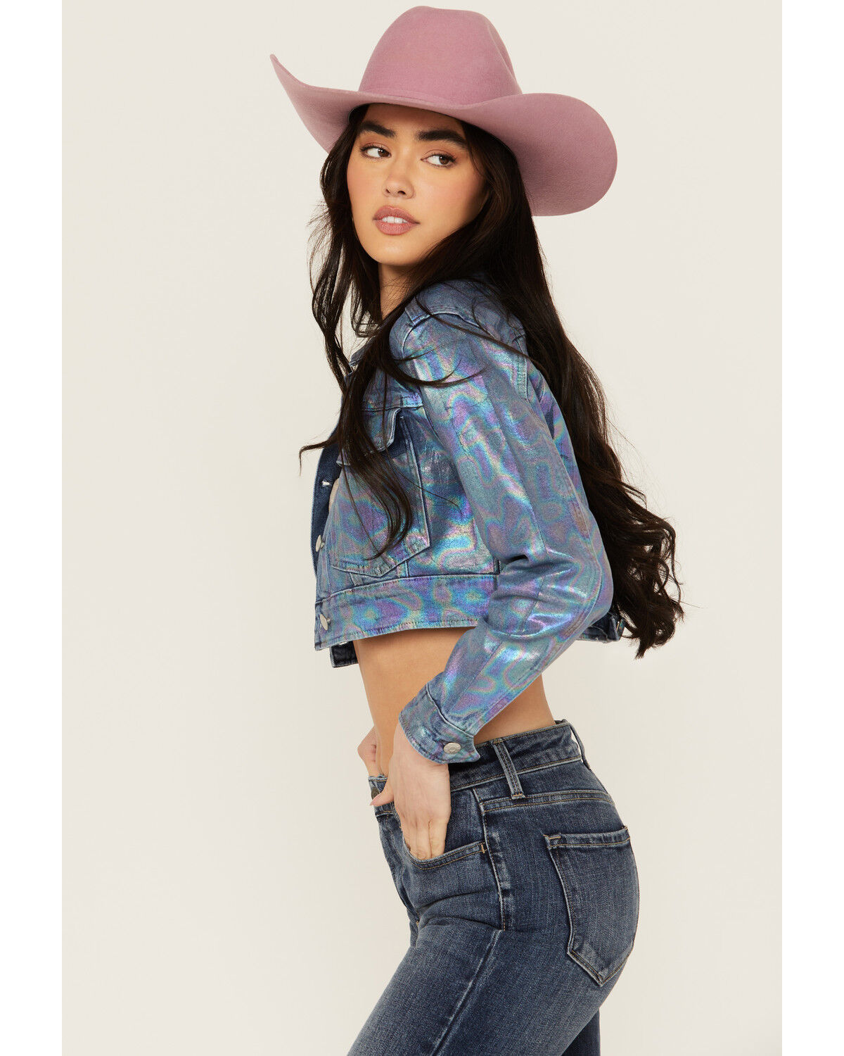 Image #2 - Vibrant Denim Women's Holographic Cropped Denim Jacket, Dark Wash, hi-res