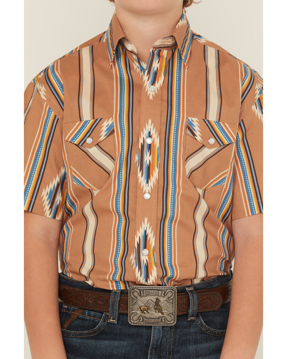 Image #3 - Panhandle Slim Boys' Southwestern Striped Print Short Sleeve Snap Western Shirt, Camel, hi-res