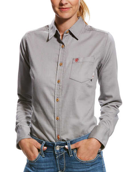 Ariat Women's FR Long Sleeve Button Down Work Shirt, Silver, hi-res