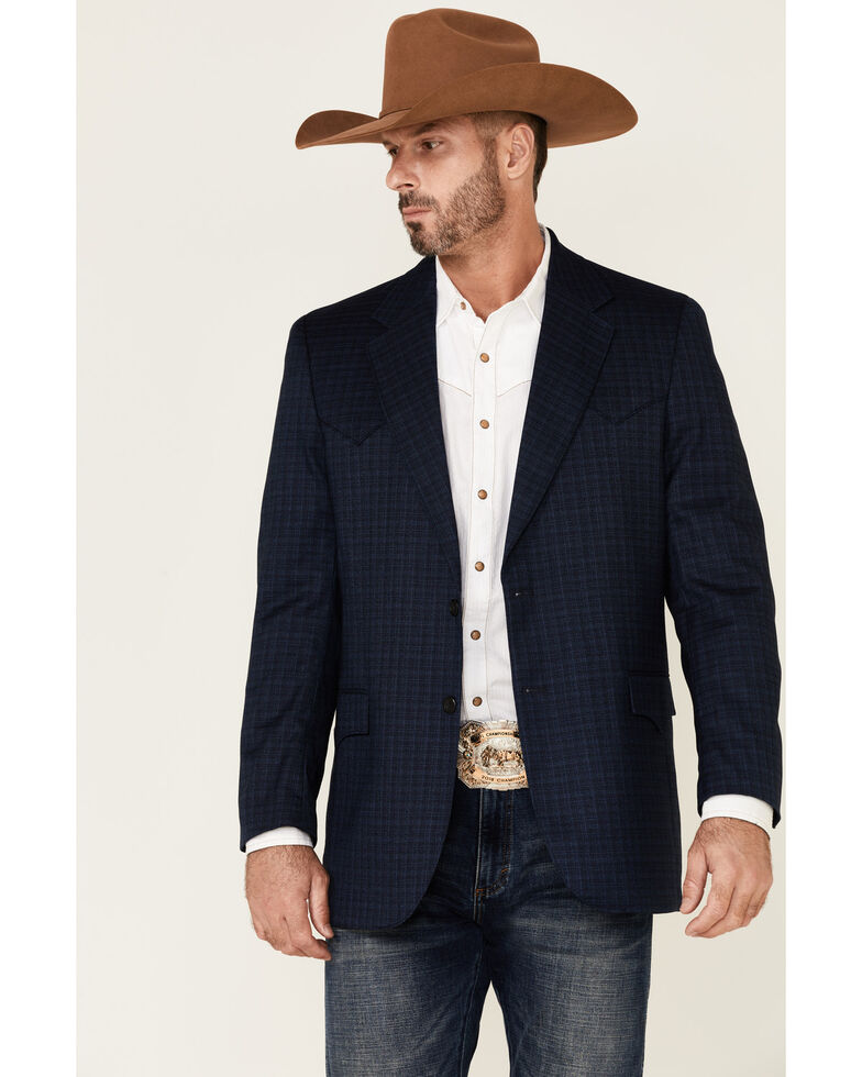 Cripple Creek Men's Navy Lubbock Small Plaid Button-Front Western Sportcoat , Navy, hi-res