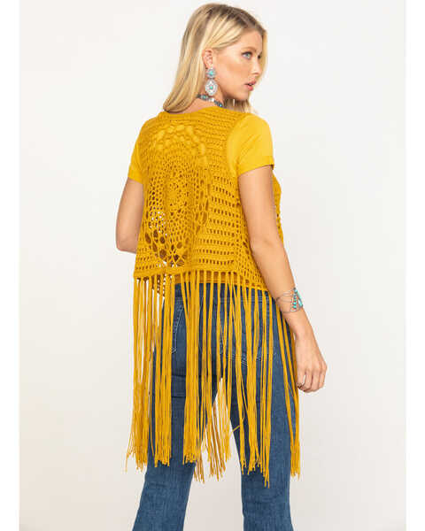 Rock & Roll Denim Women's Mustard Crochet Long Fringe Vest, Dark Yellow, hi-res