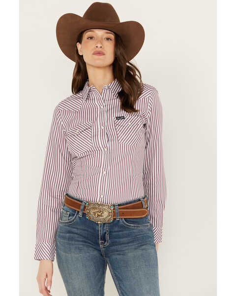 Image #1 - Wrangler Women's Striped Long Sleeve Snap Western Shirt, Red, hi-res