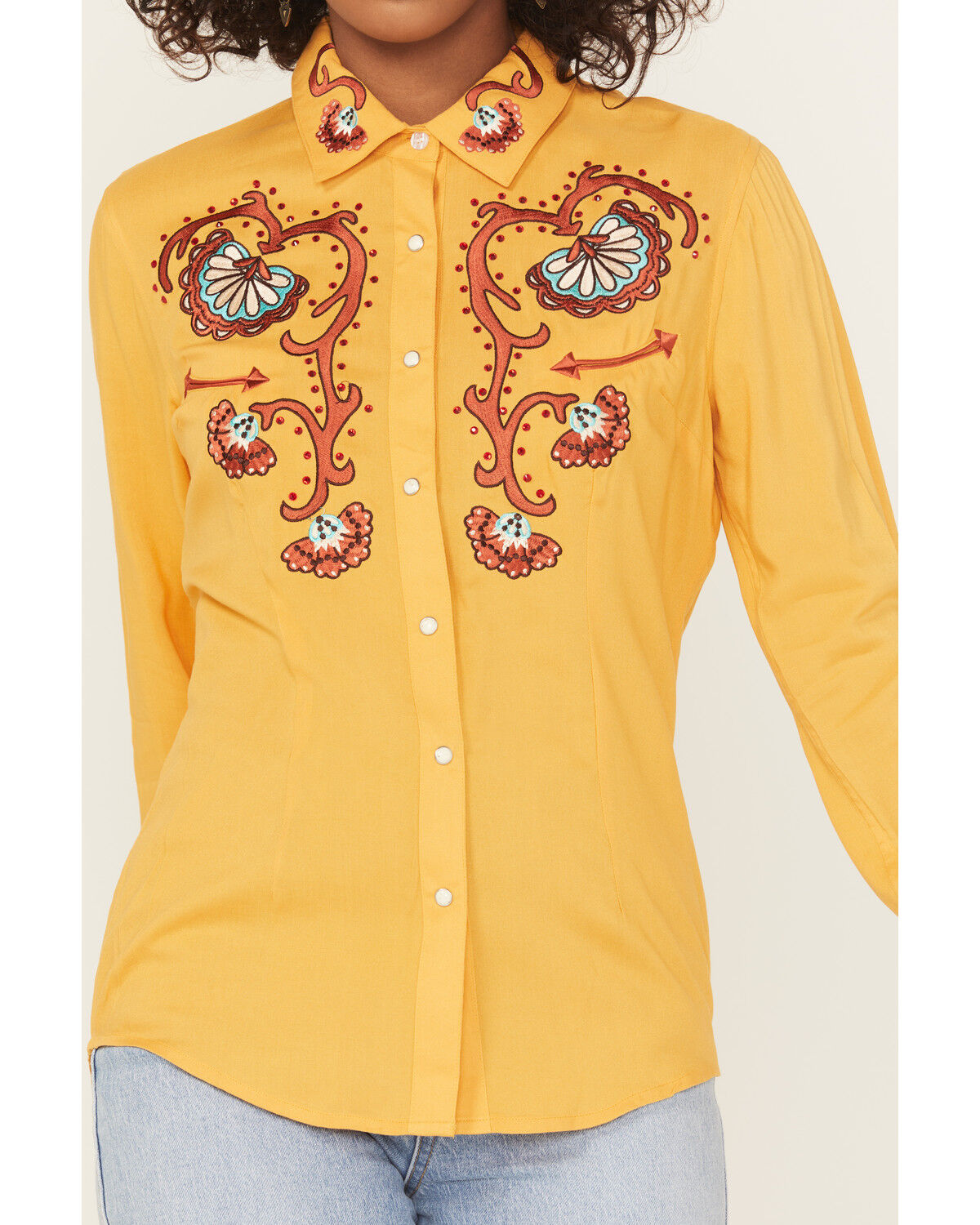 Image #2 - Panhandle Women's Retro Rhinestone Embroidered Long Sleeve Snap Western Shirt, Mustard, hi-res