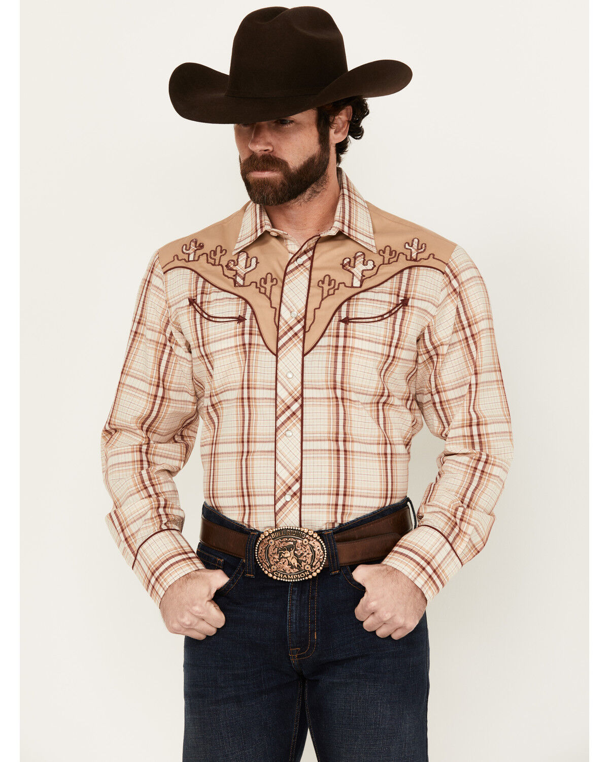 Image #1 - Roper Men's Plaid Print Embroidered Long Sleeve Pearl Snap Western Shirt, Tan, hi-res