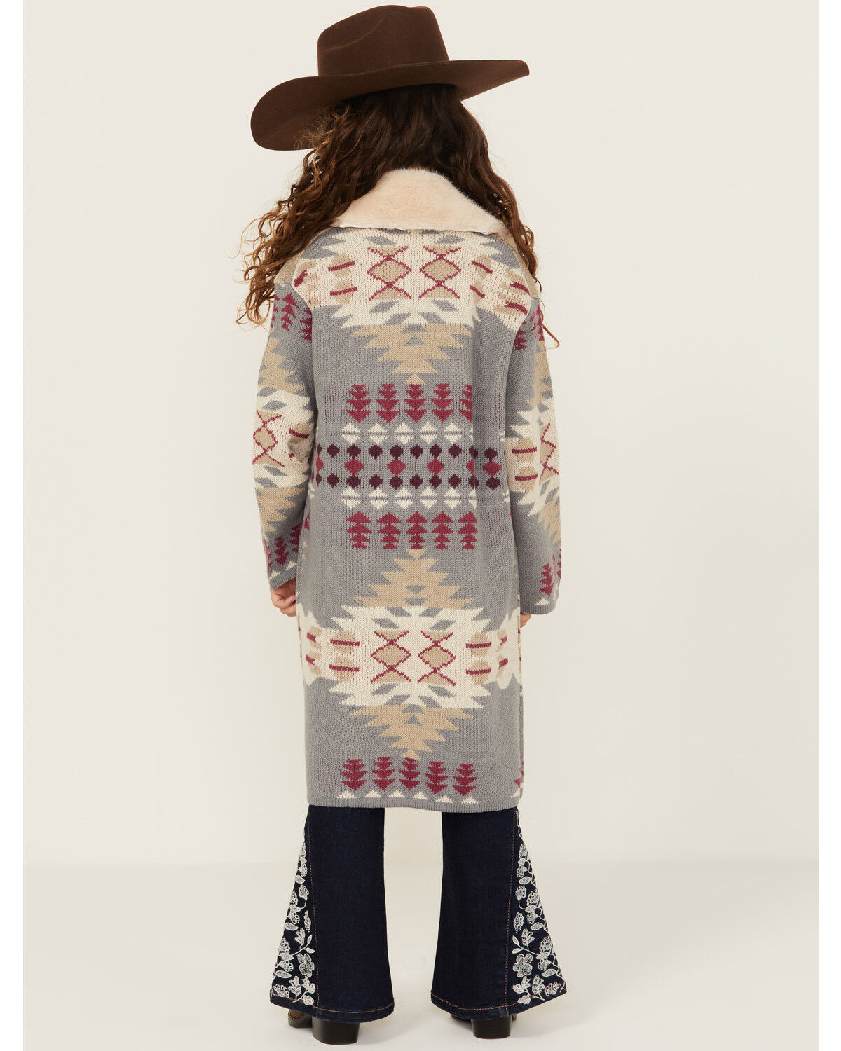 Image #4 - Shyanne Girls' Southwestern Print Fur Trim Cardigan, Slate, hi-res