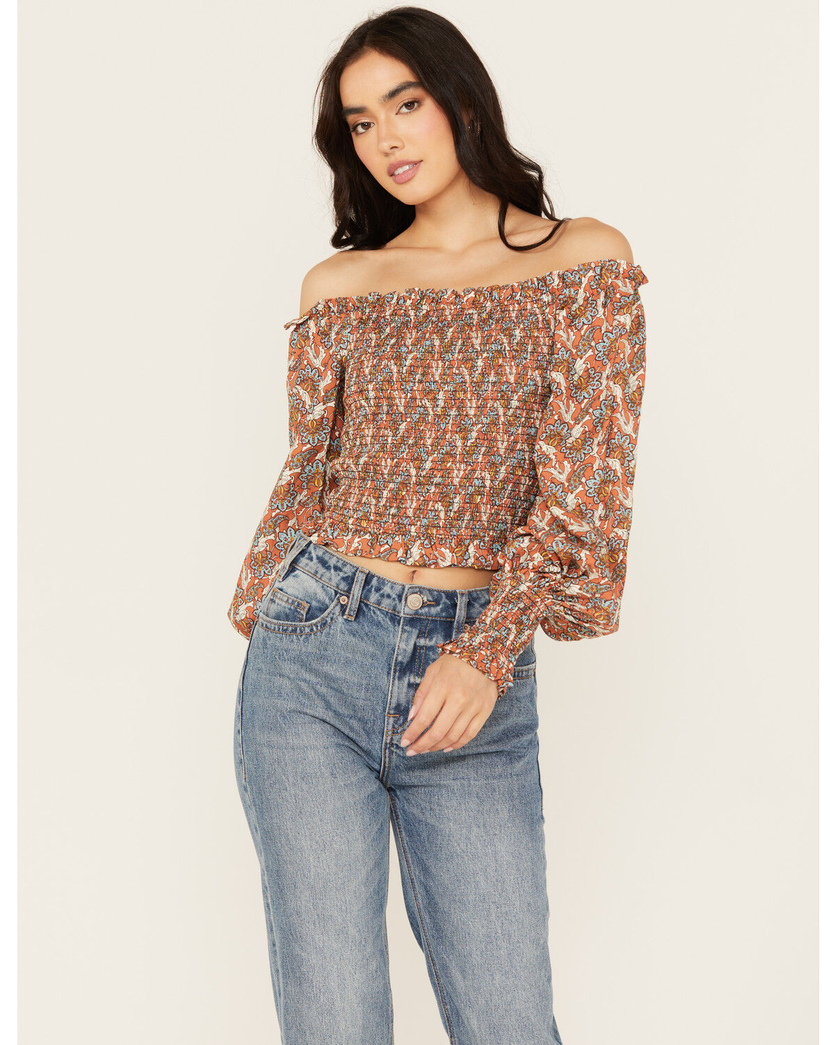 Image #1 - Rock & Roll Denim Women's Smocked Off The Shoulder Long Sleeve Top, Multi, hi-res