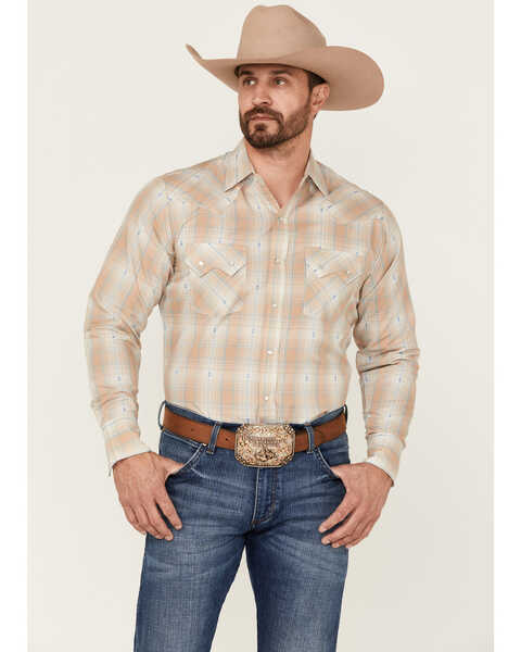 Ely Walker Men's Large Dobby Plaid Long Sleeve Pearl Snap Western Shirt , Beige/khaki, hi-res