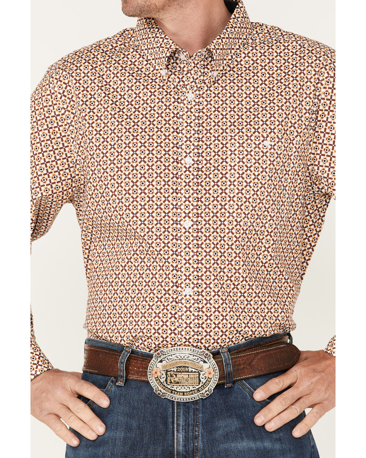Image #3 - RANK 45® Men's Stirrup Geo Print Long Sleeve Western Button-Down Shirt, Light Red, hi-res