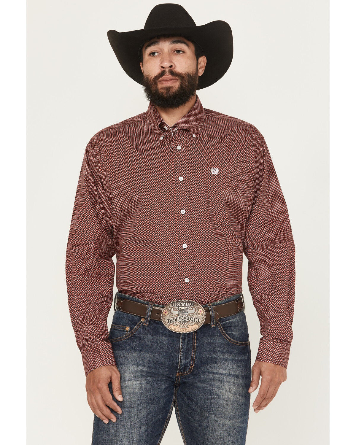Image #1 - Cinch Men's Micro Geo Print Long Sleeve Button-Down Western Shirt - Big, Red, hi-res