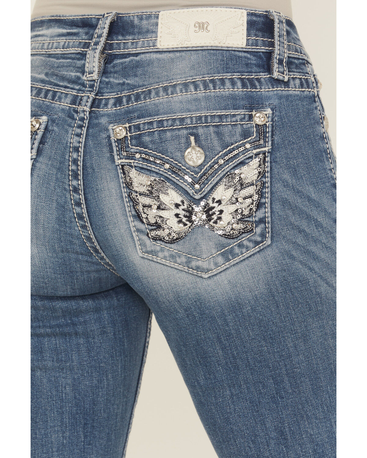 Image #2 - Miss Me Women's Medium Wash Mid Rise Butterfly Pocket Bootcut Stretch Denim Jeans, Medium Wash, hi-res