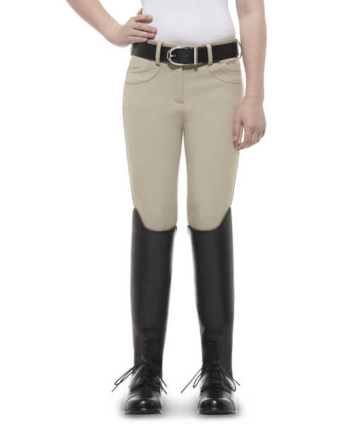 Ariat Girls' Olympia Low Rise Front-Zip Knee Patch Breeches, Tan, hi-res