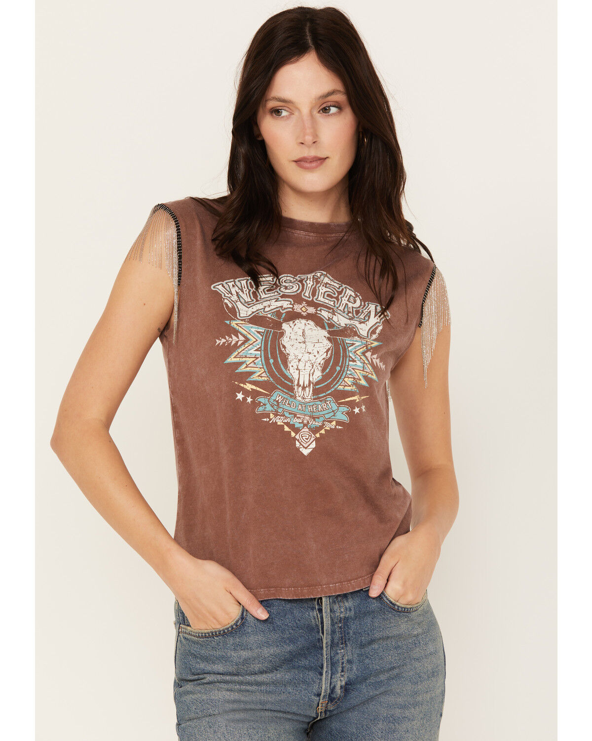 Image #1 - Rock & Roll Denim Women's Chain Fringe Graphic Tank, Brown, hi-res