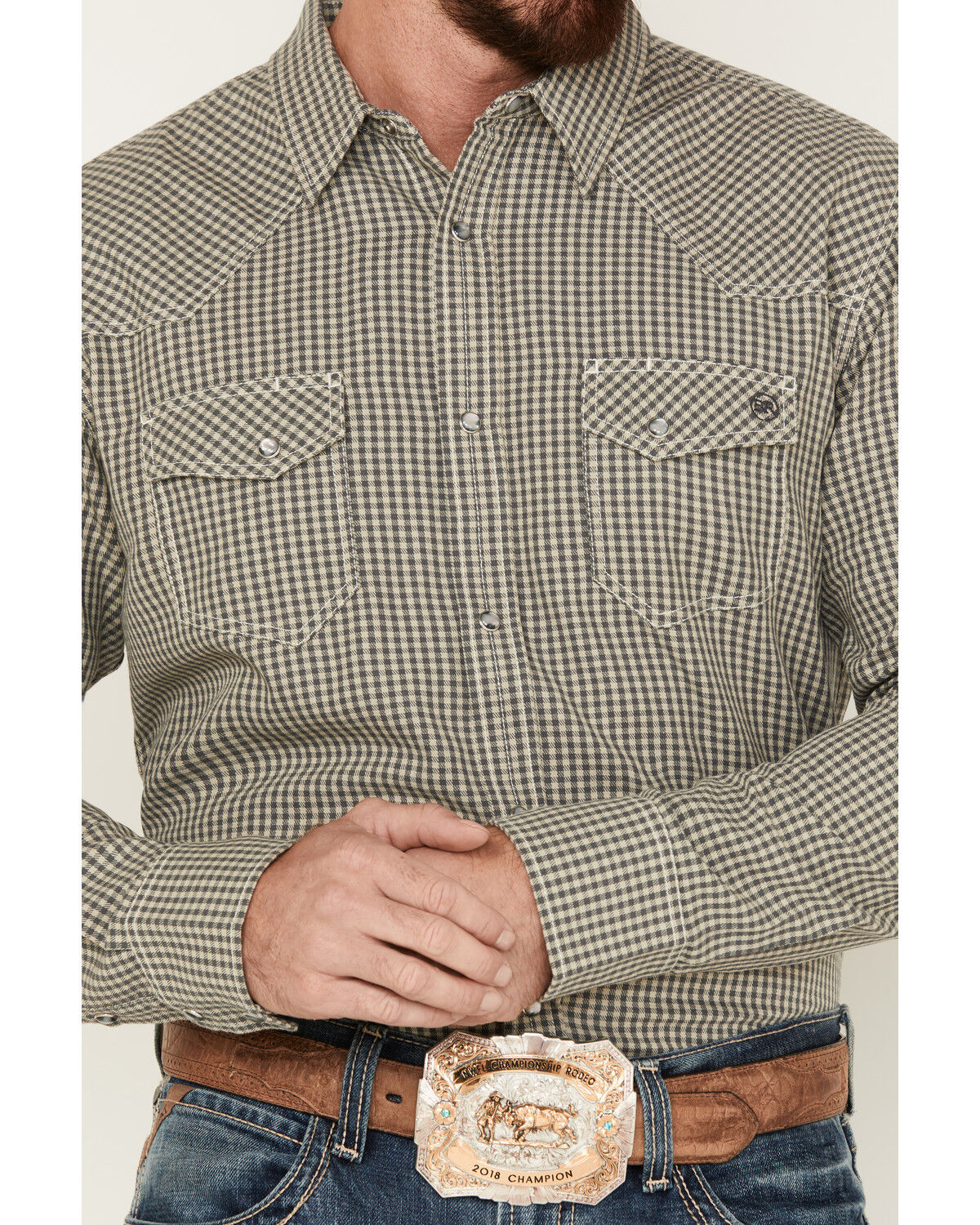 Image #3 - Blue Ranchwear Men's Gingham Check Snap Western Workshirt, Sand, hi-res
