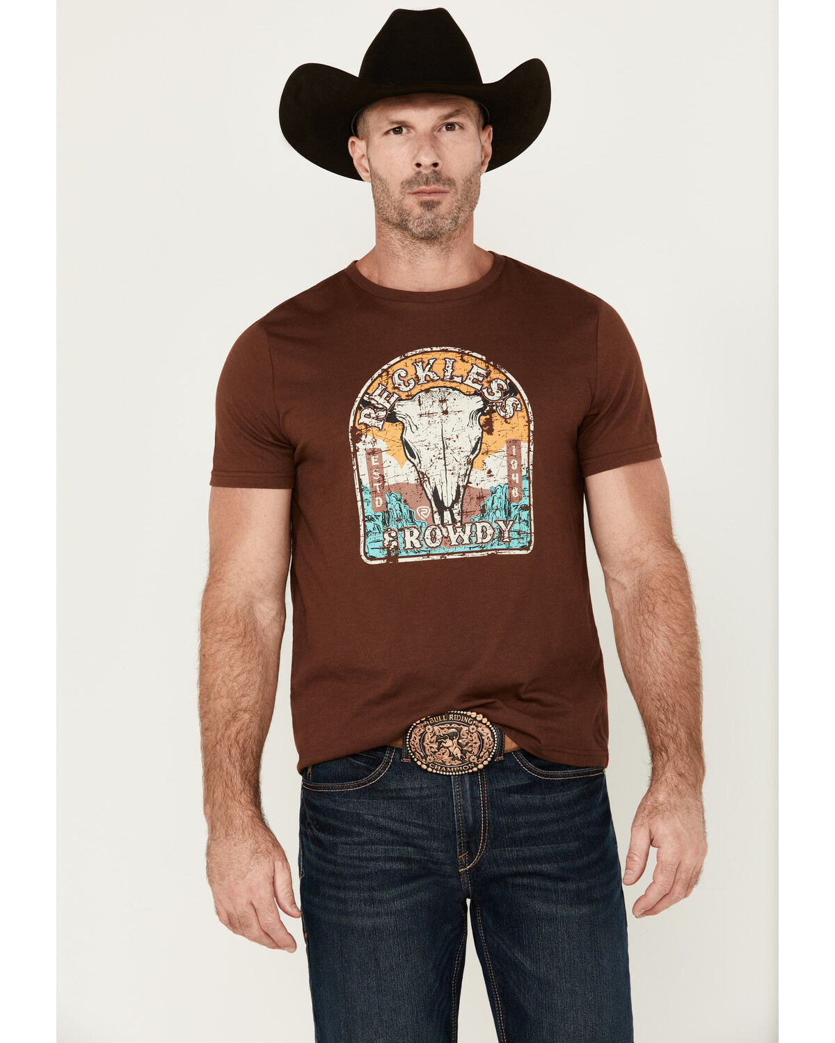 Image #1 - Rock & Roll Denim Men's Boot Barn Exclusive Reckless & Rowdy Short Sleeve Graphic T-Shirt, Brown, hi-res