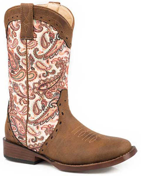 Roper Girls' Glitter Paisley Print Western Boots - Round Toe, Brown, hi-res