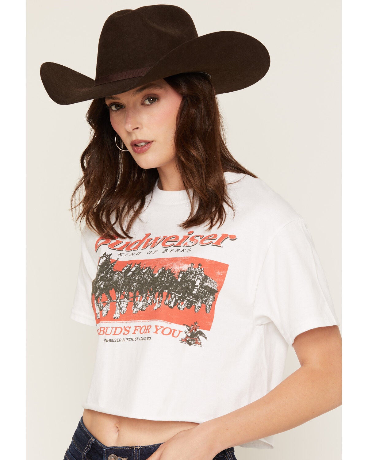 Image #2 - Junk Food Clothing Women's Budweiser Clydesdale Short Sleeve Cropped Graphic Tee, White, hi-res