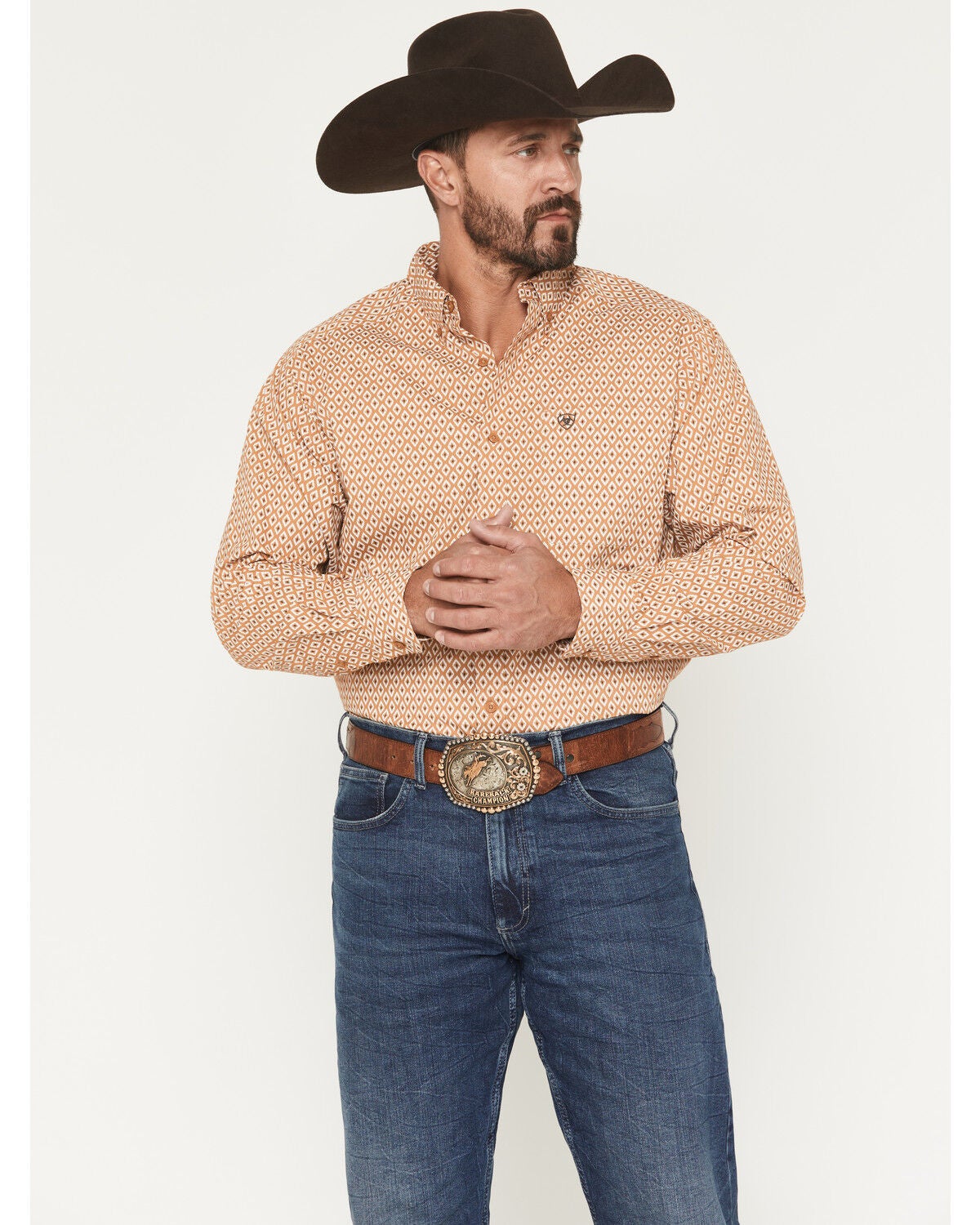 Image #1 - Ariat Men's Burnis Geo Print Long Sleeve Button-Down Western Shirt - Tall, Tan, hi-res