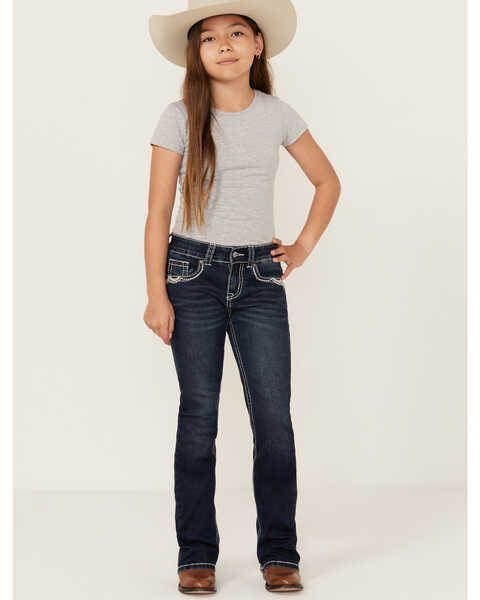 Image #1 - Shyanne Girls' Dark Wash Lace Pockets Bootcut Stretch Denim Jeans , Dark Wash, hi-res