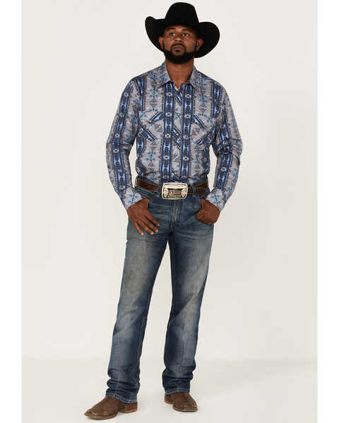 Image #2 - Rock & Roll Denim Men's Vertical Southwestern Stripe Long Sleeve Snap Western Shirt , Blue, hi-res