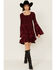 Image #1 - Wild Moss Women's Floral Smocked Tiered Long Sleeve Mini Dress, Wine, hi-res