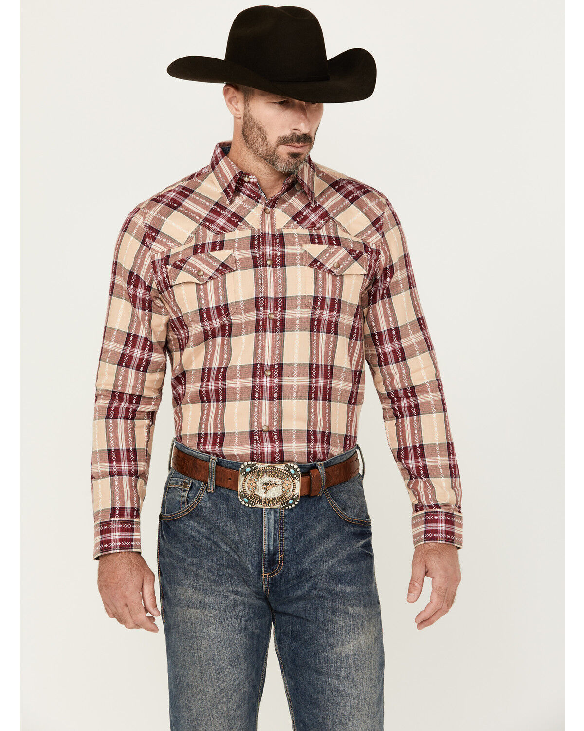 Image #1 - Moonshine Spirit Men's Memory Plaid Print Long Sleeve Snap Western Shirt, Cream, hi-res