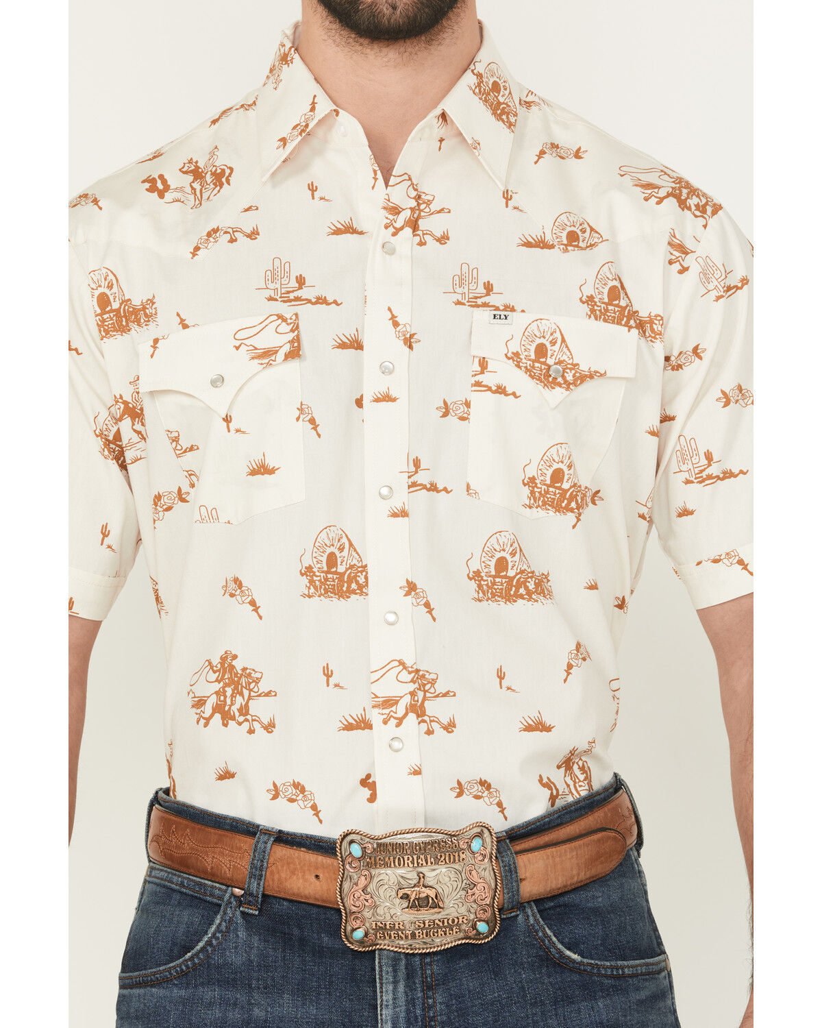 Image #3 - Ely Walker Men's Horse Print Short Sleeve Pearl Snap Western Shirt, Cream, hi-res