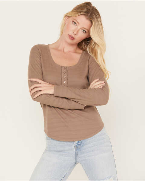 Cleo + Wolf Women's Long Sleeve Henley Top, Taupe, hi-res