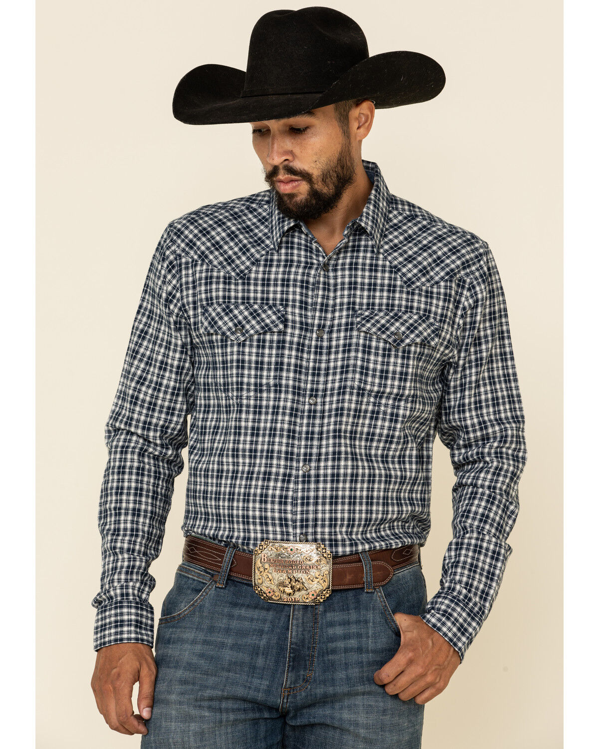 Image #1 - Cody James Men's Ash Small Plaid Long Sleeve Western Flannel Shirt, Navy, hi-res