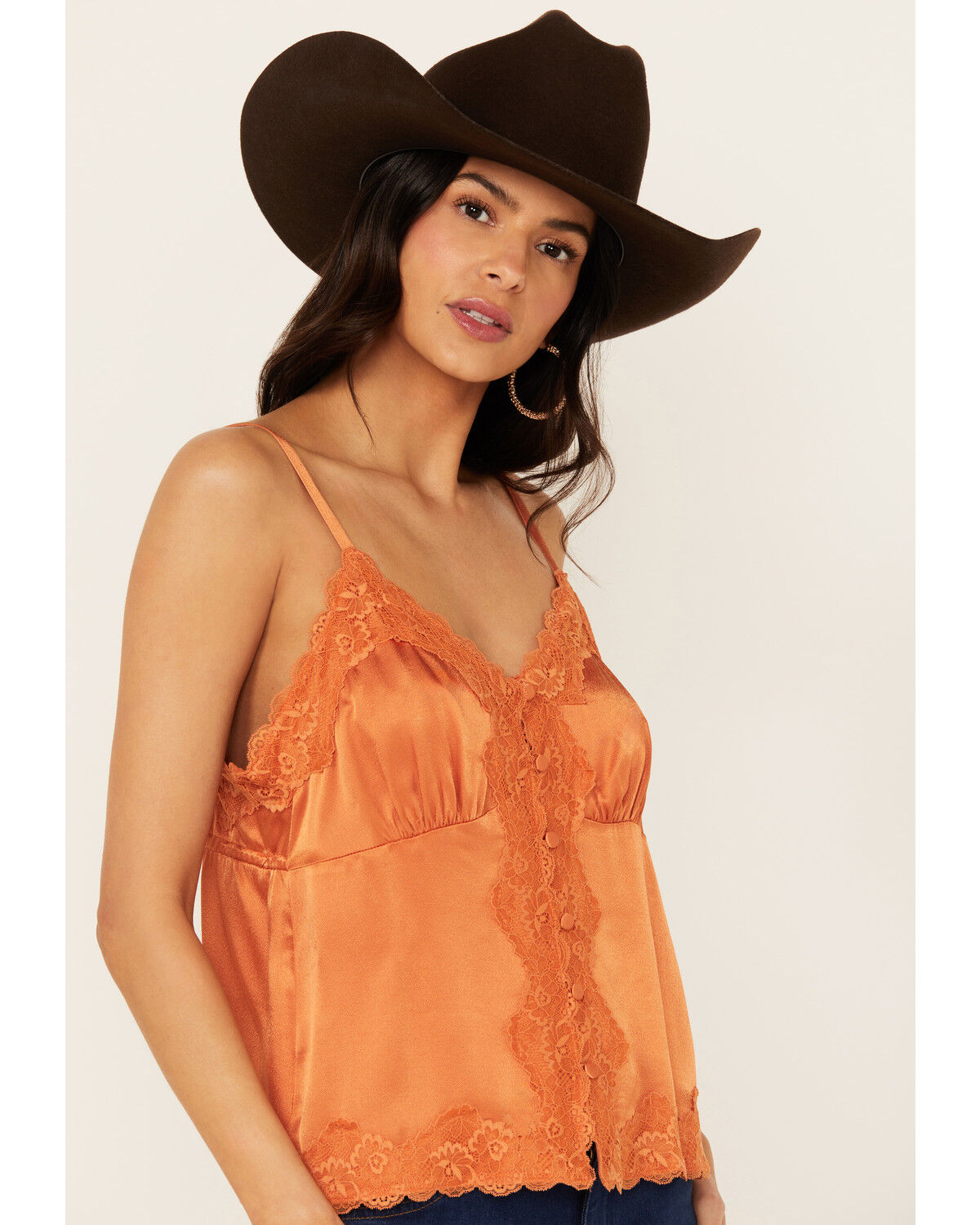 Image #2 - Shyanne Women's Lace Trim Satin Cami, Orange, hi-res