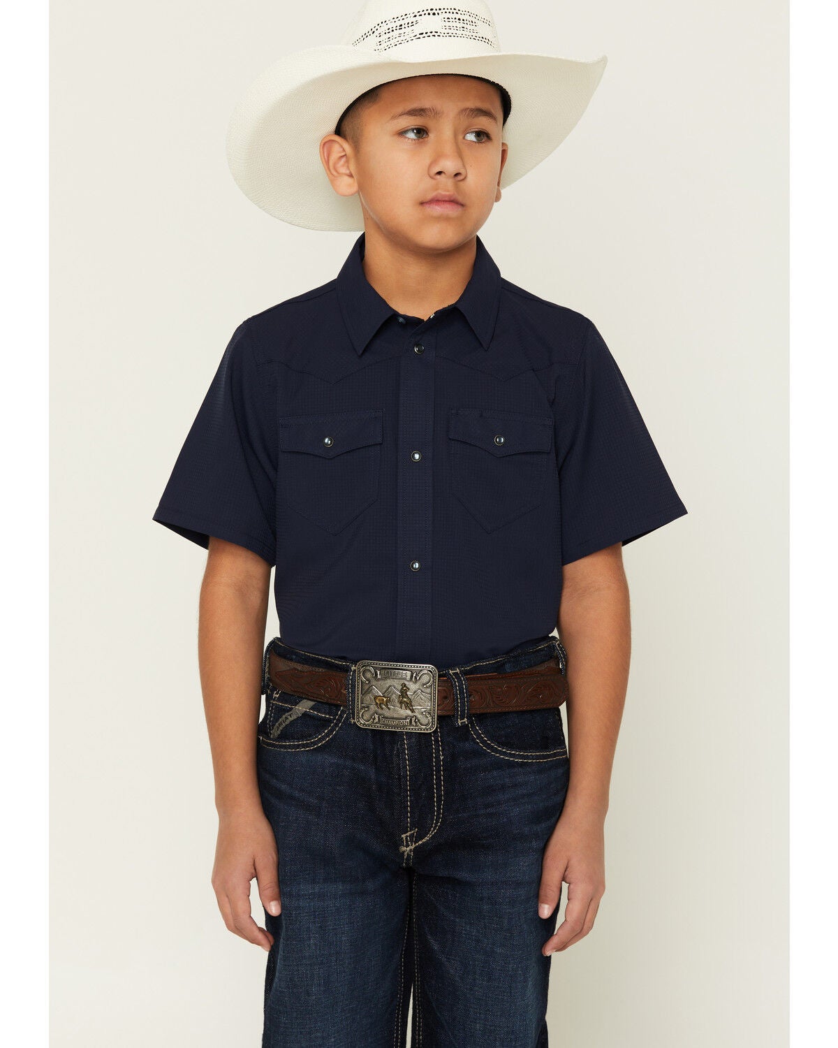 Image #1 - RANK 45&reg; Boys' Ridge Solid Short Sleeve Pearl Snap Performance Western Shirt, Navy, hi-res