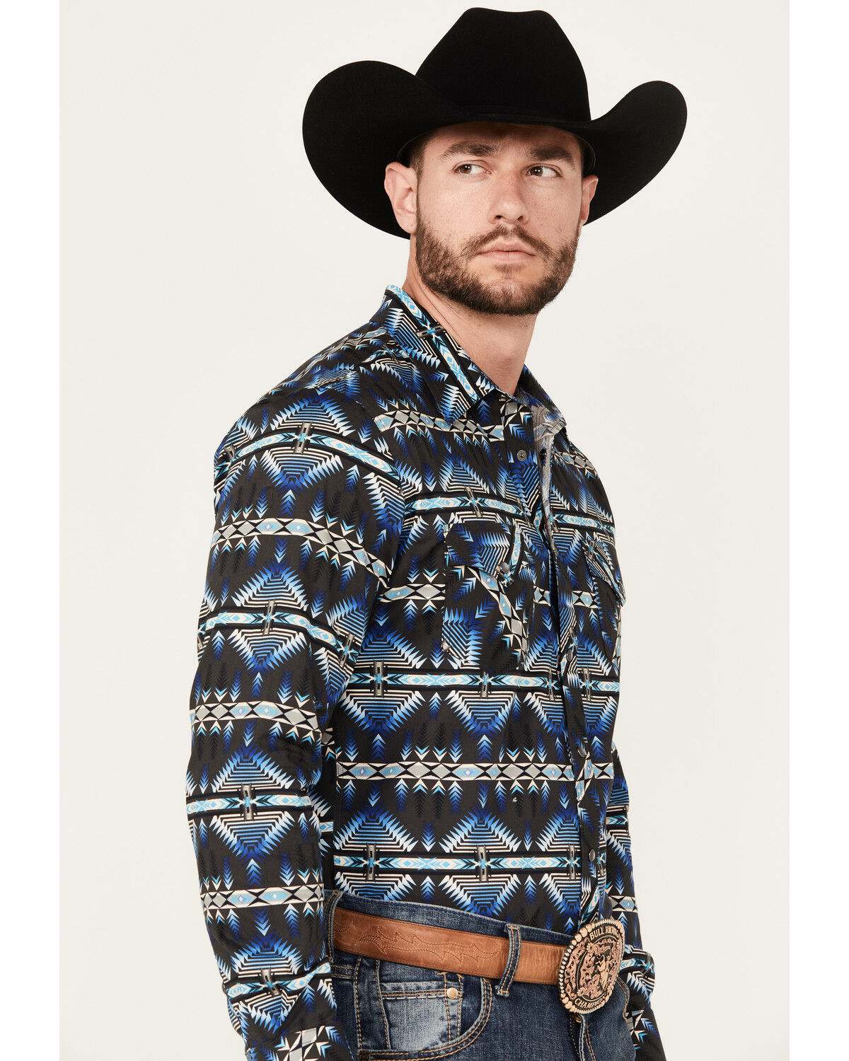 Image #2 - Rock & Roll Denim Men's Southwestern Print Stretch Long Sleeve Pearl Snap Western Shirt, Blue, hi-res