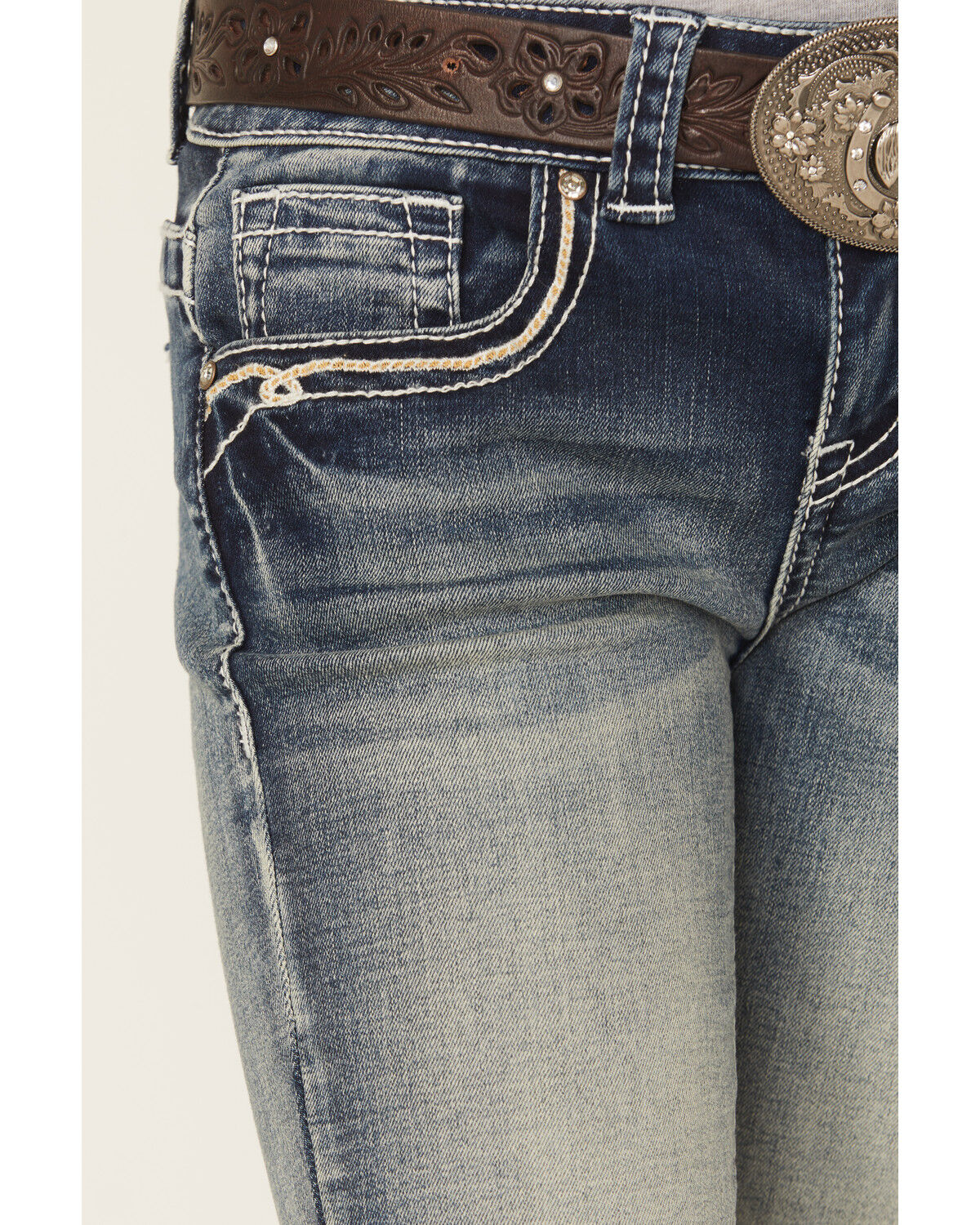 Image #4 - Shyanne Girls' Washed Bow Pocket Bootcut Stretch Denim Jeans, Dark Grey, hi-res
