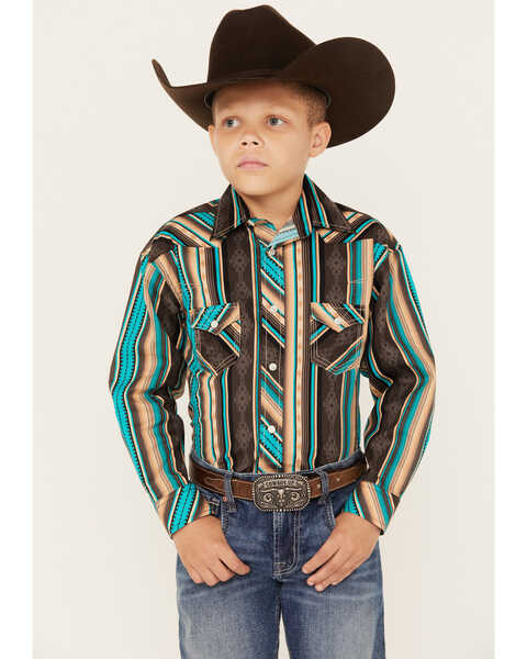Rock & Roll Denim Boys' Southwestern Stripe Print Long Sleeve Snap Stretch Western Shirt, Chocolate, hi-res