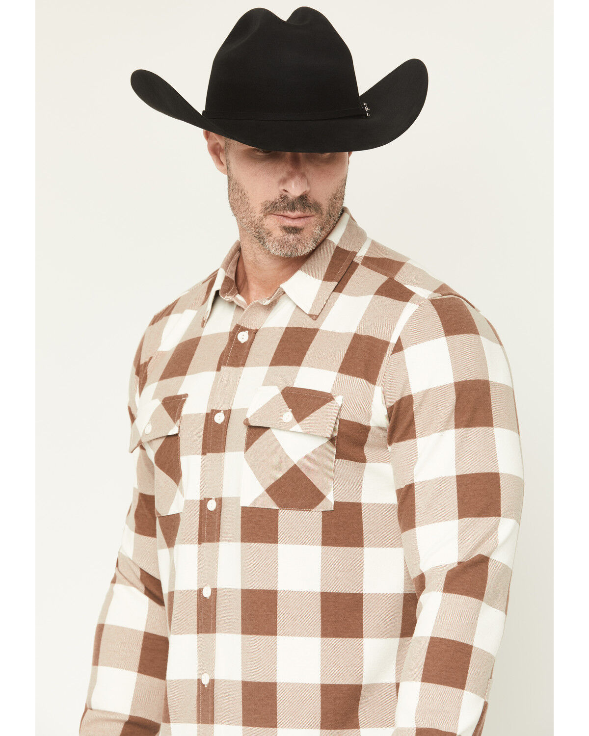 Image #2 - Brothers and Sons Men's Kent Double Knit Plaid Print Long Sleeve Button-Down Stretch Western Shirt, Brown, hi-res