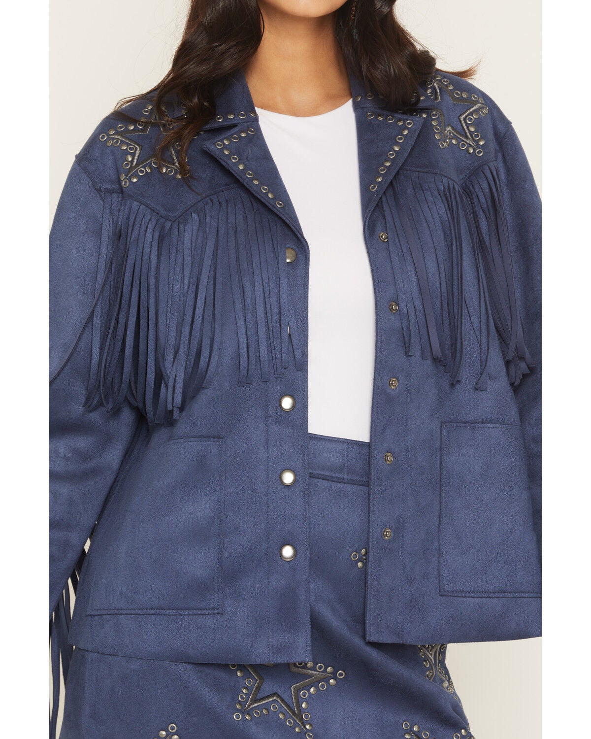 Image #3 - Idyllwind Women's Lonestar Fringe and Studded Faux Suede Jacket, Dark Blue, hi-res