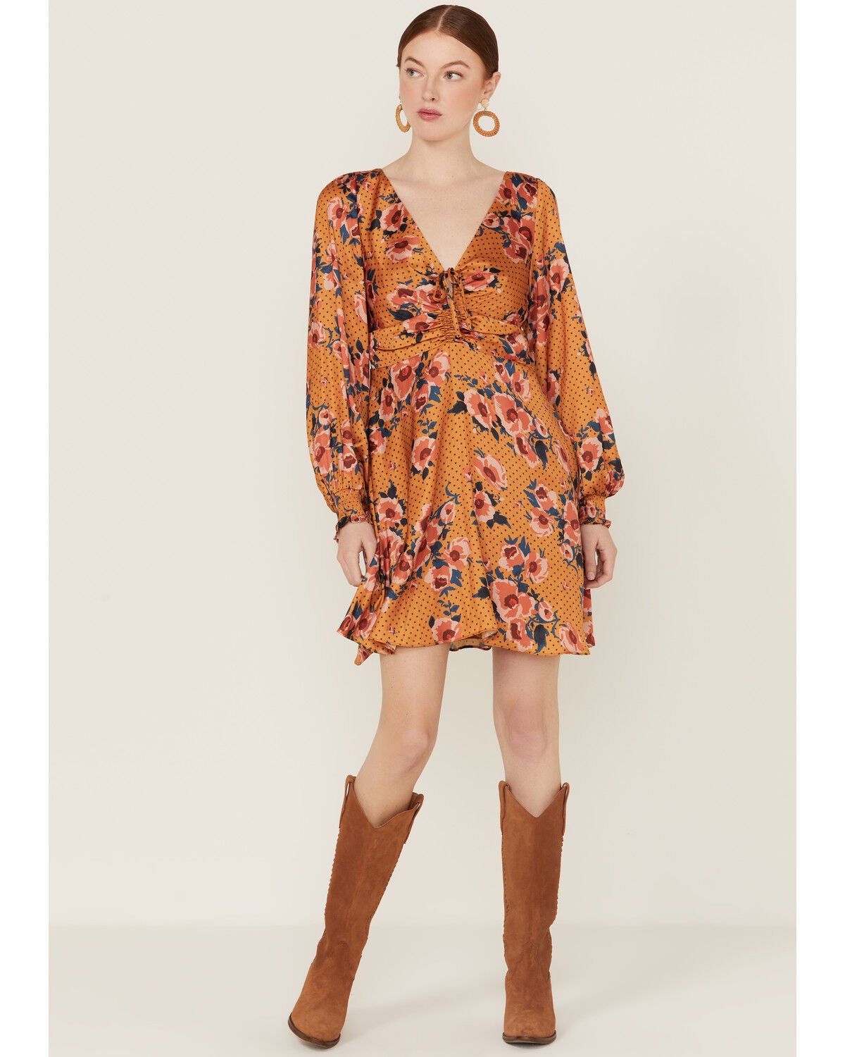 Beyond The Radar Women's Floral Dot Satin Long Sleeve Mini Dress, Mustard, hi-res