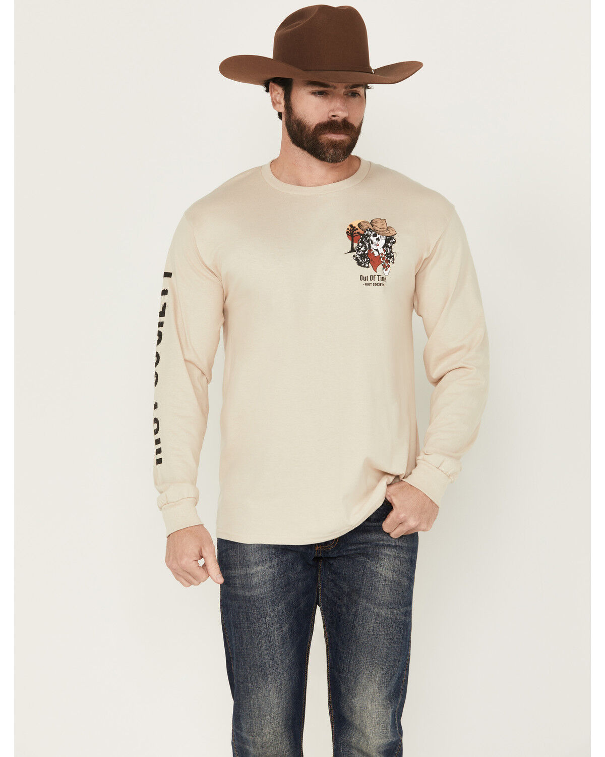 Image #2 - Riot Society Men's Out Of Time Cowgirl Long Sleeve Graphic T-Shirt, Sand, hi-res