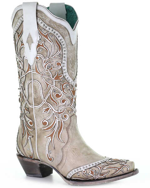 Corral Women's White Overlay & Studs Western Boots - Snip Toe, White, hi-res