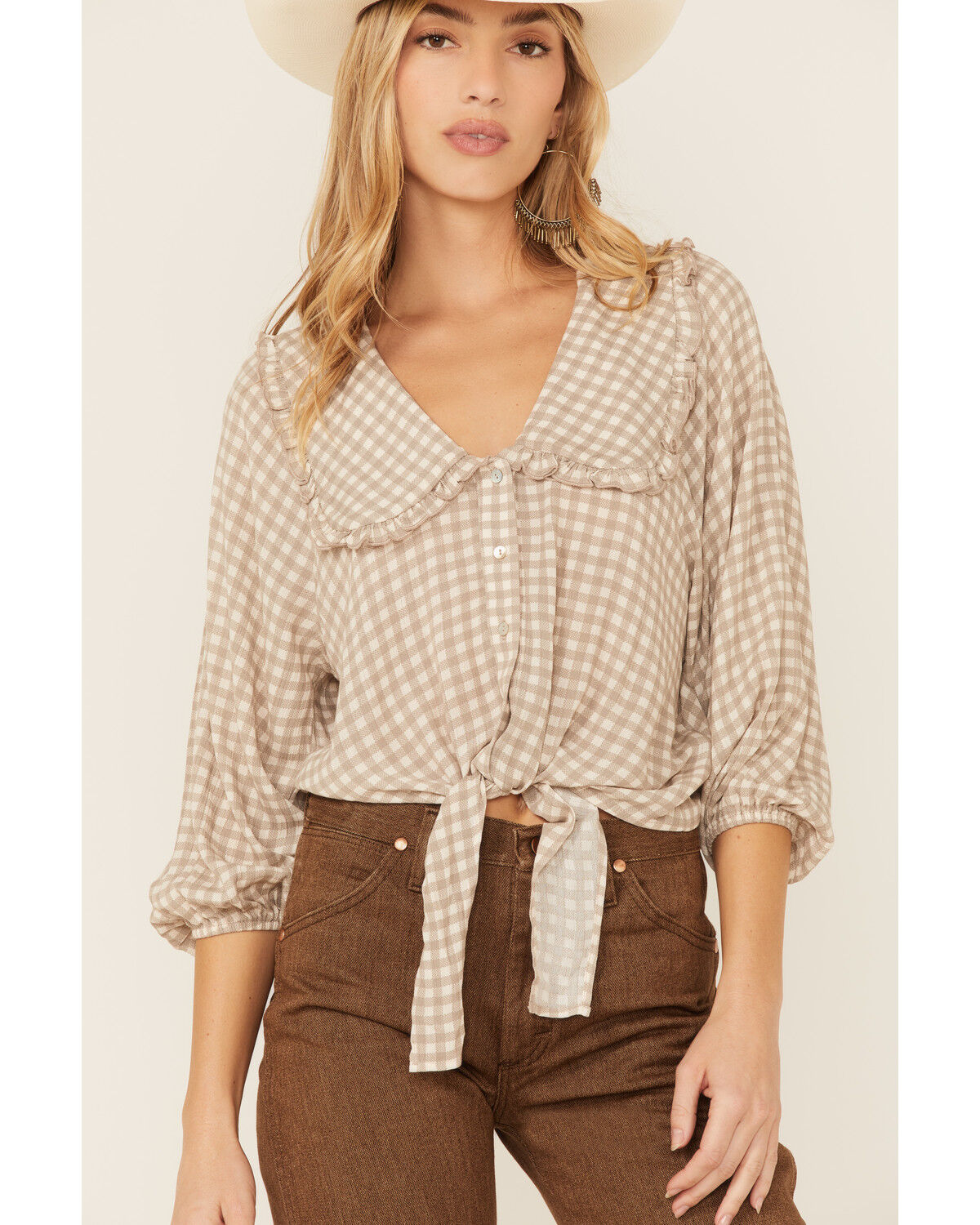 Image #3 - Wild Moss Women's Gray Gingham Large Collar Button Down Shirt, Grey, hi-res