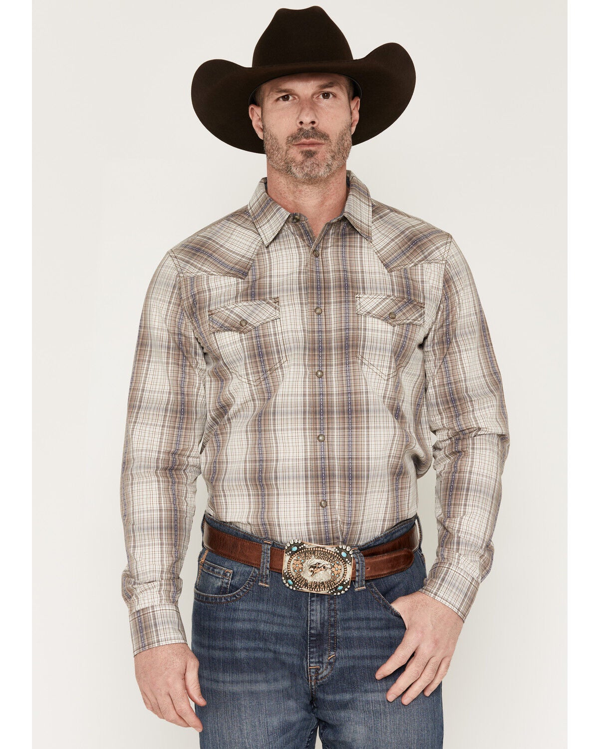 Image #1 - Cody James Men's Legend Dobby Plaid Print Long Sleeve Snap Western Shirt, Brown, hi-res