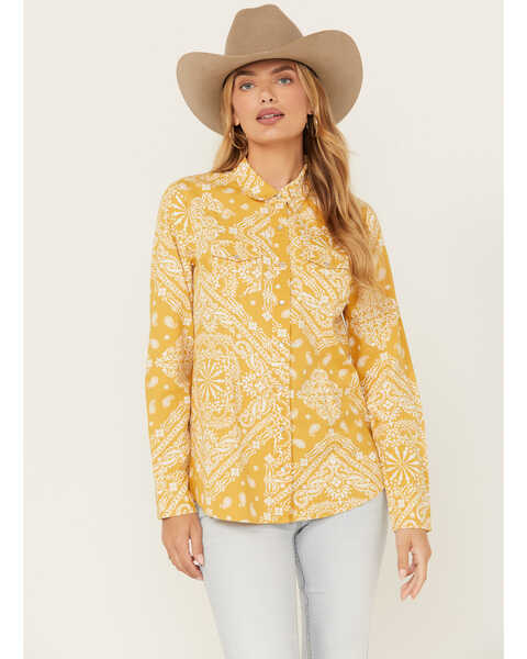 Cotton & Rye Women's Bandana Print Long Sleeve Pearl Snap Western Shirt, Gold, hi-res