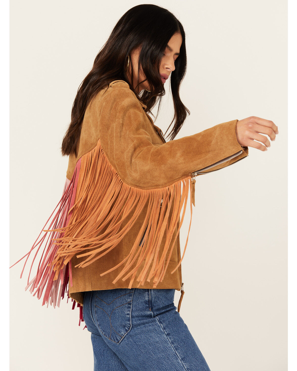 Image #2 - Western & Co Women's Fringe Suede Biker Jacket, Tan, hi-res