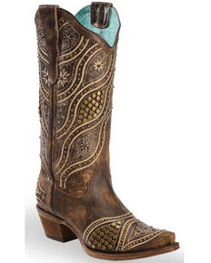 Corral Women's Honey Embroidery Studded Cowgirl Boots - Snip Toe, Honey, hi-res