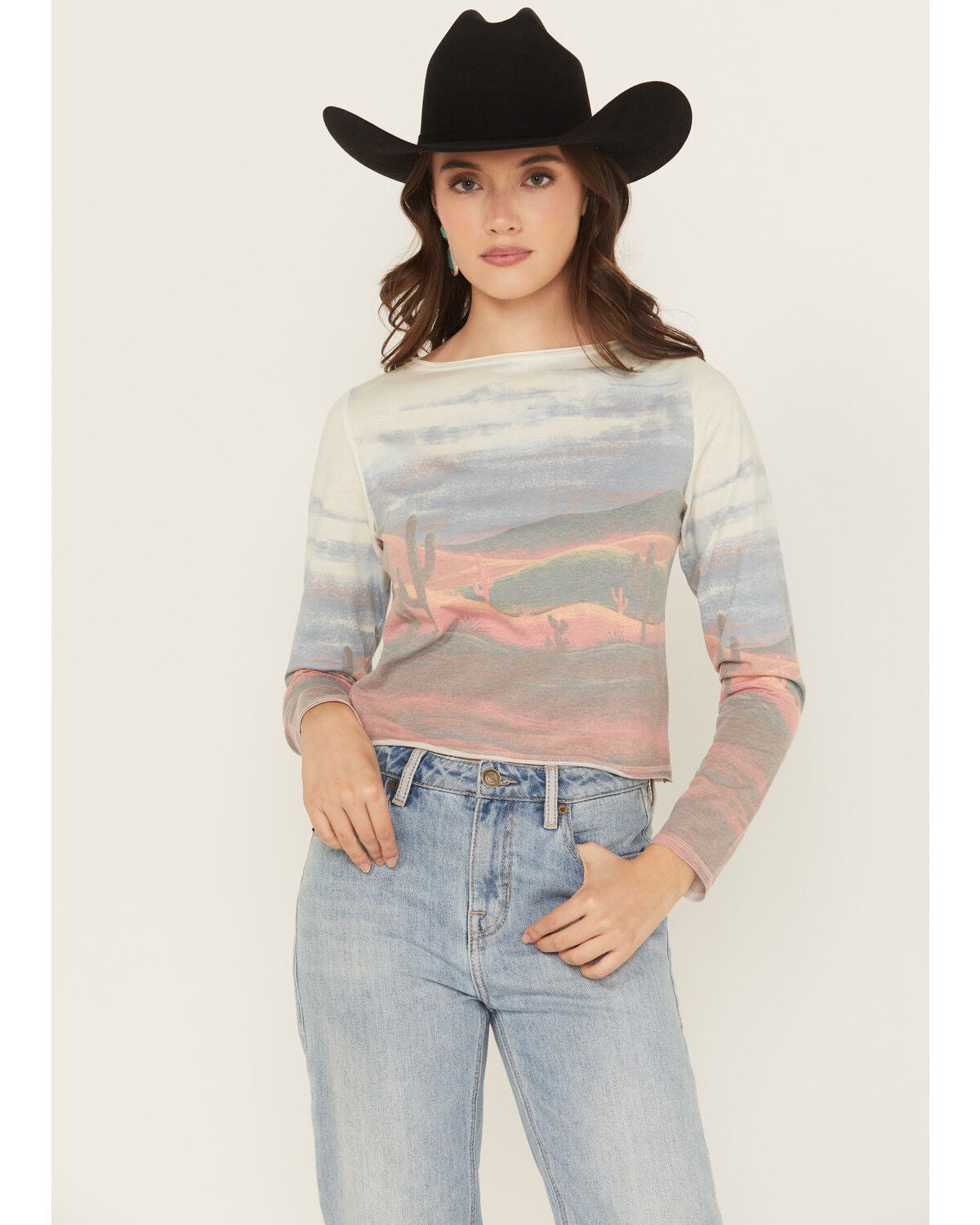 Rock & Roll Denim Women's Sunset Scene Long Sleeve Shirt, Natural, hi-res