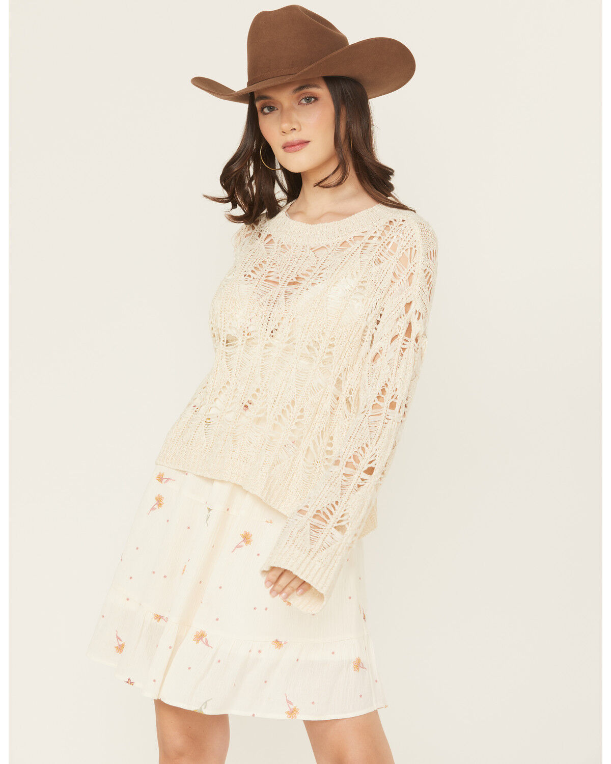 Image #1 - Rock & Roll Denim Women's Open Knit Sweater, Ivory, hi-res