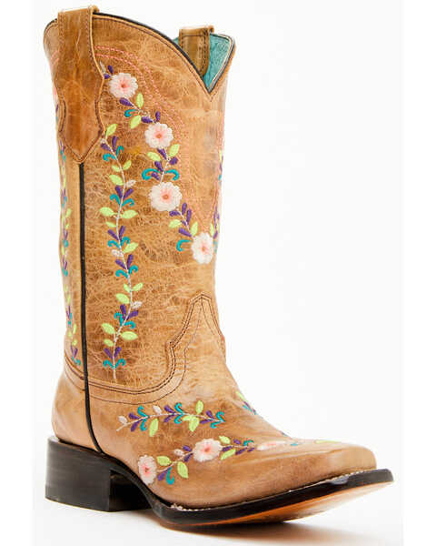 Corral Girls' Floral Embroidered Blacklight Western Boots - Square Toe , Honey, hi-res
